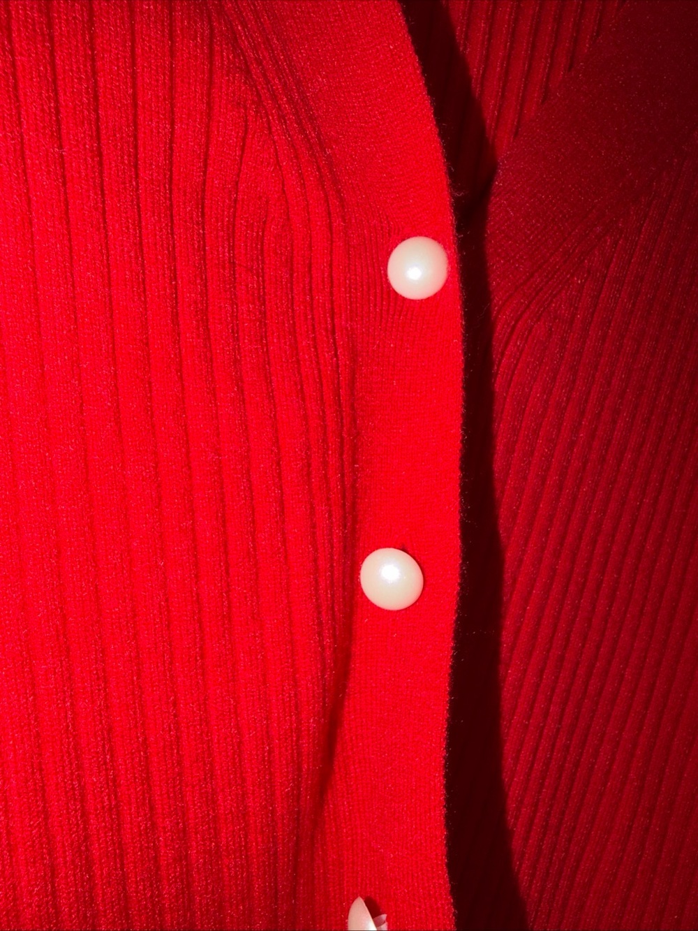 Commense Red Ribbed V-Neck Cardigan with Ruffle Hem - Picture 5 of 7